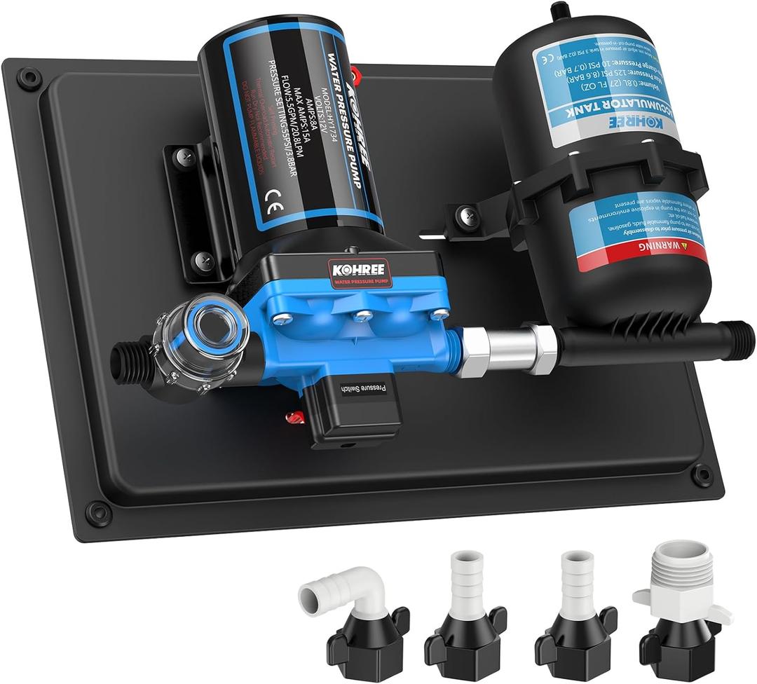 Kohree RV Water Pump 12V DC 5.5GPM 55PSI and 0.75L 125PSI Pre-Pressurized Accumulator Tank, Quiet RV Water Pump and Accumulator Tank System for RV Camping, Boat, Kitchen, Bathroom