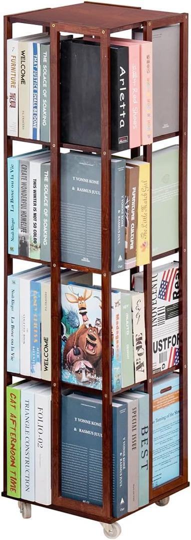 COPREE 5 Tier Rolling Bookcase, Bamboo 360 Rotating Bookshelf, Freestanding Storage Organizer Holder Book Rack with Wheels for Bedroom, Living Room Home and Office