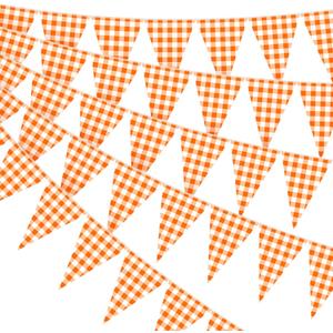 49.21 ft 60 Pieces Orange Gingham Pennant Banner - Fall Thanksgiving Checkered Garland Decor, Gingham String Triangle Flags for Birthday Baby Shower Little Cutie Party Decorations Supplies