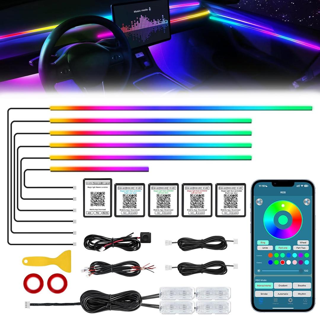 Dreamcolor Acrylic Interior Car LED Strip Light with Wireless APP, RGB 10 in 1 with 175 inches 612 LEDs Fiber Optic Strip Lights for Car, Dual Zone Symphony Neon Car Ambient Lighting