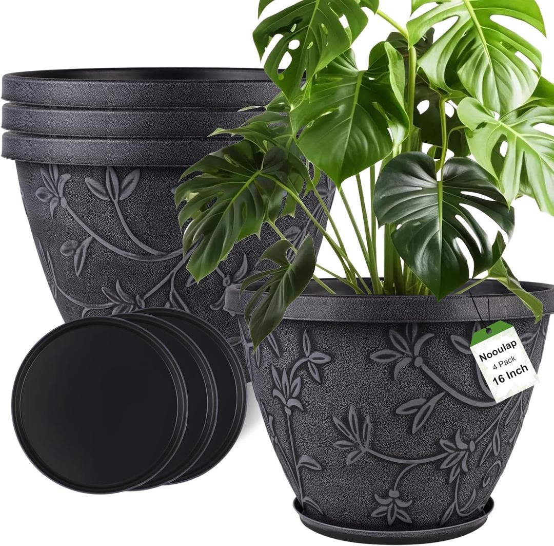 Nooulap 4 Pack 16 Inch Large Plant Pot for Outdoor, Plastic Flower Pot Indoor with Drainage Hole & Saucer, Modern Decorative Garden Pot, Imitation Magnolia Garden Pots for House PlantersGray