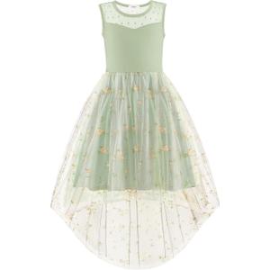 Arshiner Girls Dresses Formal Party Wedding Tulle Sleeveless Contrast Mesh High Low Dress with Belt (Green, L)