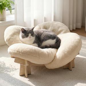 Veehoo Modern Elevated Flower Cat Bed with Washable Fluffy Cushion for Indoor Cats & Small Dogs, Wooden Raised Pet Couch Sofa, Cozy Lounge Chair Suitable for Puppy, Cat Furniture (Khaki)