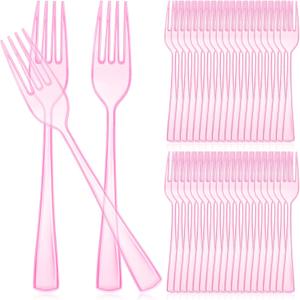 Minatee 50 Pcs Plastic Forks Disposable Cutlery Heavy Duty Dinnerware Plastic Silverware Flatware for Parties Supplies Dessert Picnics Holiday House(Pink)