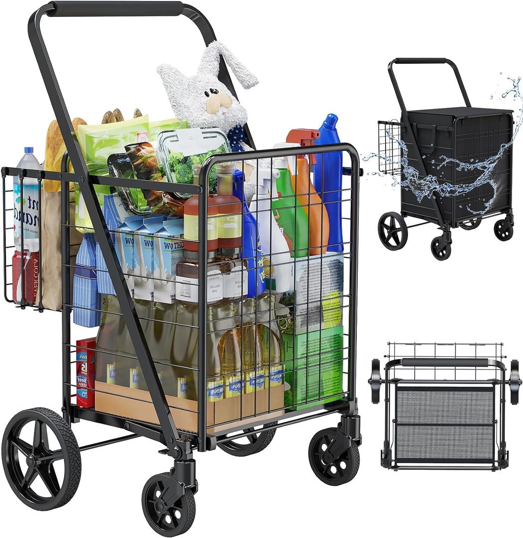 Folding Shopping Cart with Waterproof Bag, Grocery Cart with Encrypted Mesh Bottom, 23 Gal Double Basket & 360 Swivel Wheels, 260 Lbs Heavy Duty Shopping Carts for Groceries, Laundry