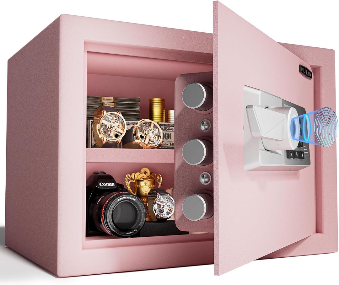 1.3 Cub Biometric Safe Box with Fireproof Bag, Quick-Access Fingerprint Safe with Keys, Digital Keyboard, Type-C Port, Dual Alarm System Safety Box for Home, Office, Hotel Use(Pink)