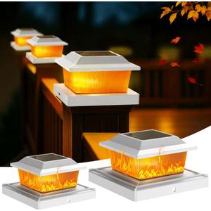 Solar Post Cap Lights Outdoor for 3.5x3.5 4x4 5x5 Wood/Vinyl Posts, Fence Post Solar Lights with Flickering Flame & Warm Modes for Deck/Garden/Patio, IP65 Waterproof - 2 Pack, White