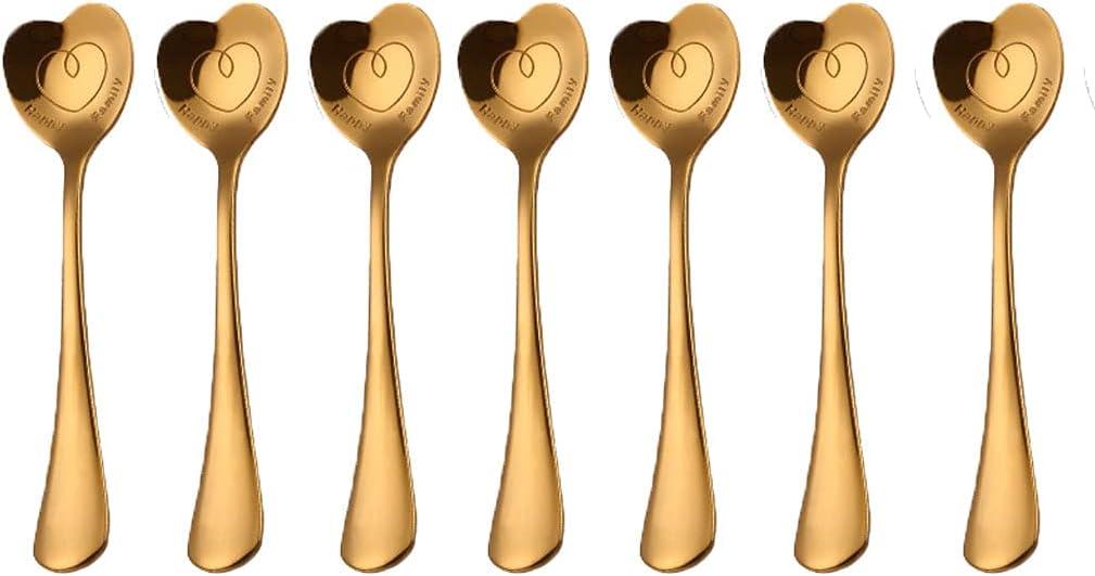 7 PCS Heart Shaped Stainless Steel Spoons - Coffee, Dessert, Ice Cream, Tea, Love - Cute (Golden)