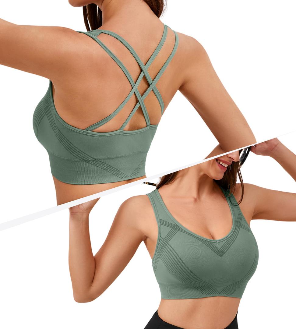Sports Bras for Women Medium Support Cross Back Strappy Sports Bra Padded Workout Yoga Bras for Women Gym Tops, Green, XL (Green, XL)