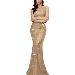 Women's Formal Evening Gown Elegant Rhinestone Long Prom Dress Wedding Guest Party Cocktail Bridesmaid Maxi Dress (Medium, #1 Beige)