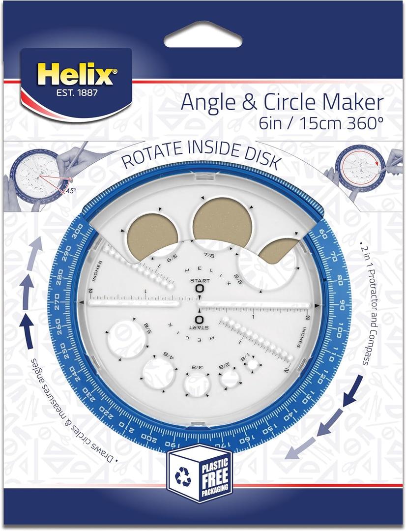 Helix Angle and Circle Maker with Integrated Circle Templates, 360 Degree, 6 Inch / 15cm, Assorted Colors (36002)