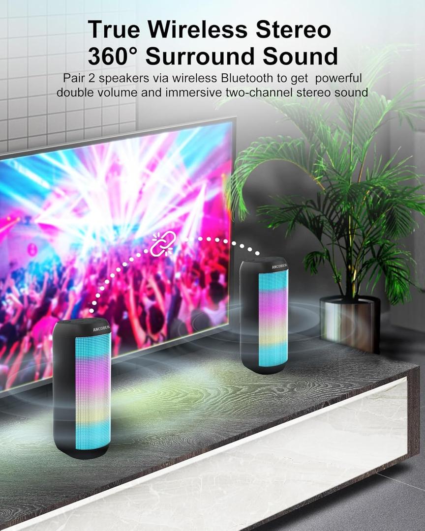 Bluetooth Speaker, Wireless Portable, HD Stereo Sound,with Cool Dynamic LED Lights, IPX4 Waterproof, BT5.3, Dual Surround Pairing, Him Her Man Teens Electronic Gadgets Gifts, for Outdoor Camping Party