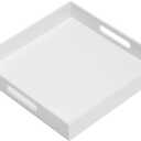 KEVLANG Glossy White Sturdy Acrylic Serving Tray with Handles-14x14Inch-Serving Coffee,Appetizer,Breakfast,Butler-Kitchen Countertop Tray-Makeup Drawer Organizer-Vanity Table-Ottoman Tray