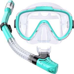 Kids Snorkel Set, Anti-Fog Panoramic Tempered Glass Kids Snorkel mask, Anti-Leak Scuba Diving Mask with Mesh Bag, Dry Top Snorkeling Gear for Kids and Youth Age 4-16 (Green+Transparent)