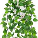 USLAI Fake Hanging Plant, Artificial Pothos Vines Greenery with Pot and Macrame Plant Hanger for Indoor Outdoor Boho Decor