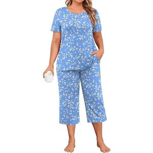 POPYOUNG Plus Size L-5XL Womens Pajamas sets with Comfy Capri Pants Short Sleeves Sleepwear Pjs Sets with Pockets