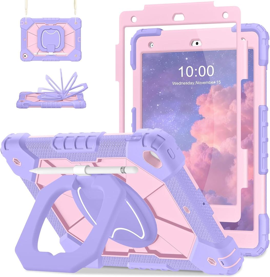 Auizotl Case for iPad 9th/8th/7th Generation 10.2 Inch iPad Case 9th Generation with Screen Protector/Rotate Stand/Pen Holder,Military Grade Shockproof i Pad 9th/8th/7th Gen Cases,Purple Rose