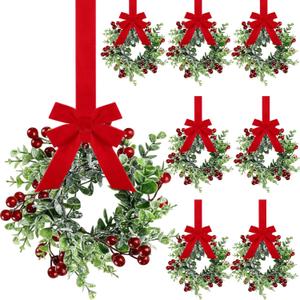 6 Pieces 9" Mini Christmas Wreaths for Kitchen Cabinet Small Christmas Candle Rings Eucalyptus Wreath Pillar Candle Rings Table Centerpieces Hanging Garlands for Front Door Window Decor (Red Berry)