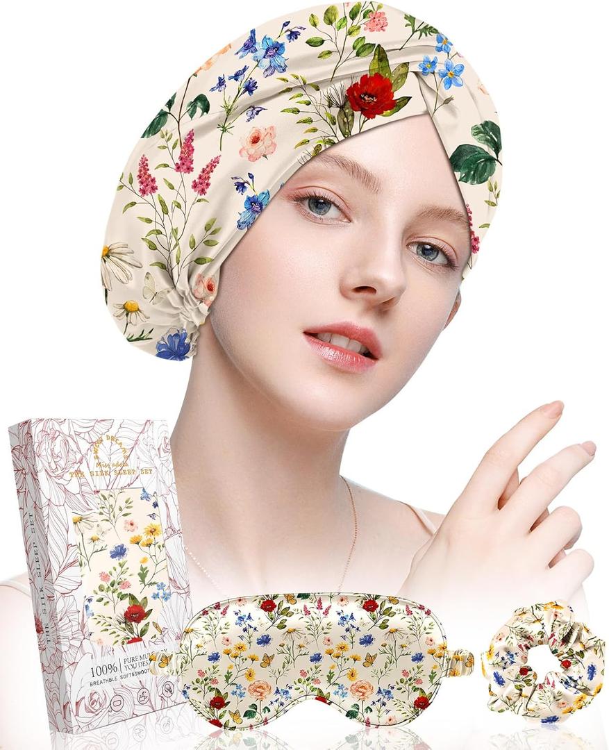 Silk Bonnet for Women - Mulberry Silk Sleep Cap for Hair Care with Eye Mask & Scrunchie 19 Momme Night Cap Sleeping Set with Elastic Stay On Head, Retro Flower
