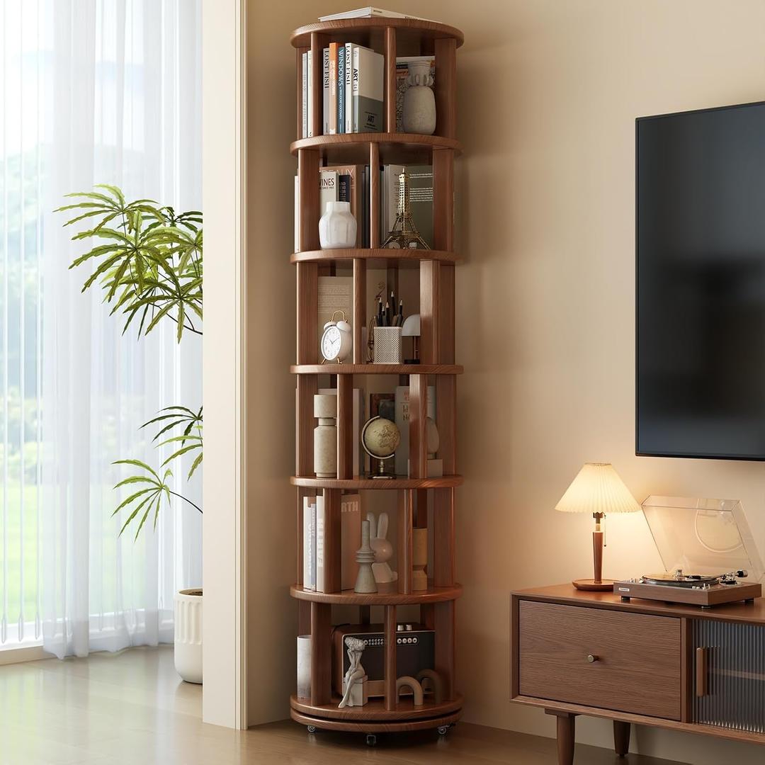 Muwuele 6 Tier Rotating Bookshelf Tower, Solid Wood Bookshelf on Wheels, Circular Book Shelf Rotating, Revolving Bookcase for Small Spaces, Corner Book Case, Spinning Book Shelf for Bedroom, Walnut, 17.3"D x 17.3"W x 77.3"H
