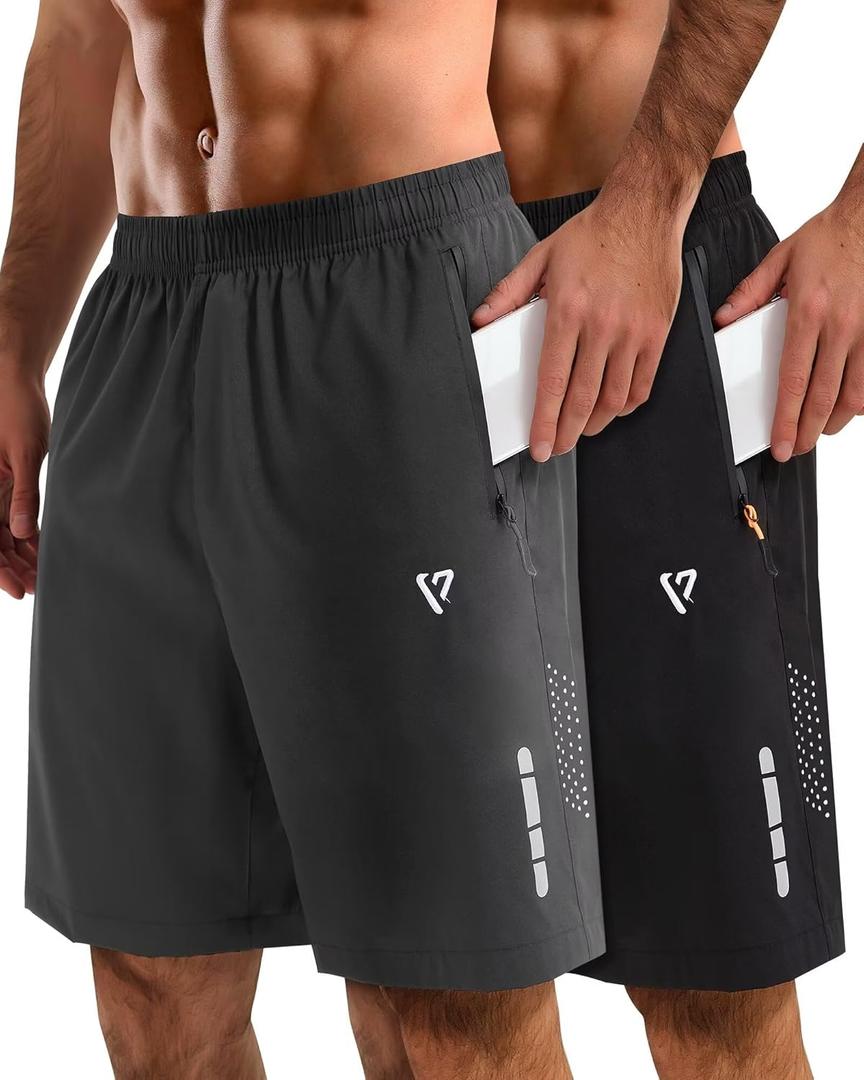 2 Pack Mens Athletic Shorts Quick Dry 7 Inch Running Shorts Breathable Mesh Gym Workout Shorts with Zipper Pockets (Large, Black&dark Gray)
