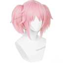 Half and Half Mado-ka Cosplay Wig Pink Anime Ponytail Wigs with Bangs Short Light Pink Cute Lolita Twin Tails Wig for Women Halloween Party Costumes