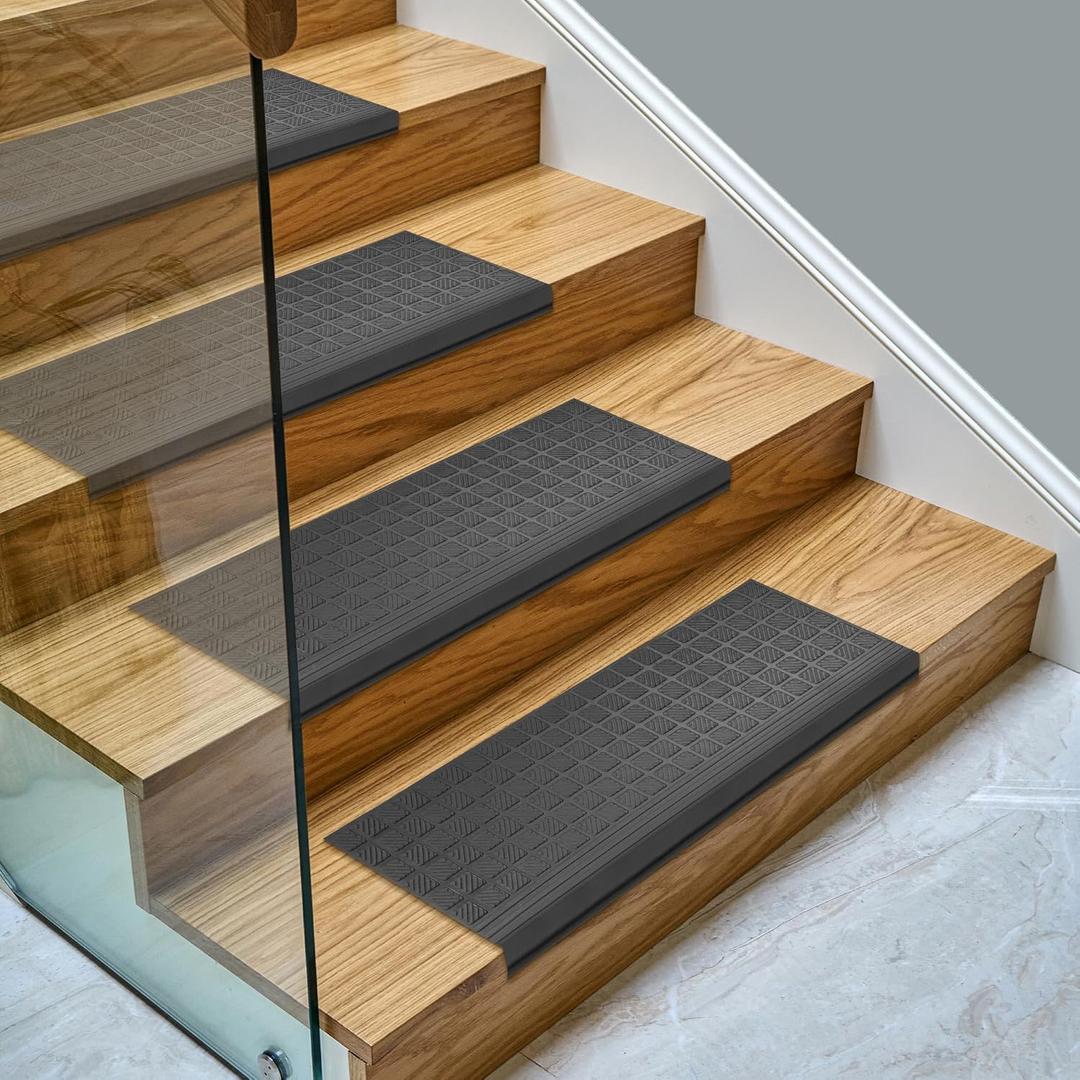 Ottomanson Outdoor Bullnose Stair Treads Grid Heavy-Duty Non Slip Stair Mats Strong Grip for Concrete, Brick & Textured Steps Requires Fastening on Wooden & RV Steps, Pack of 5