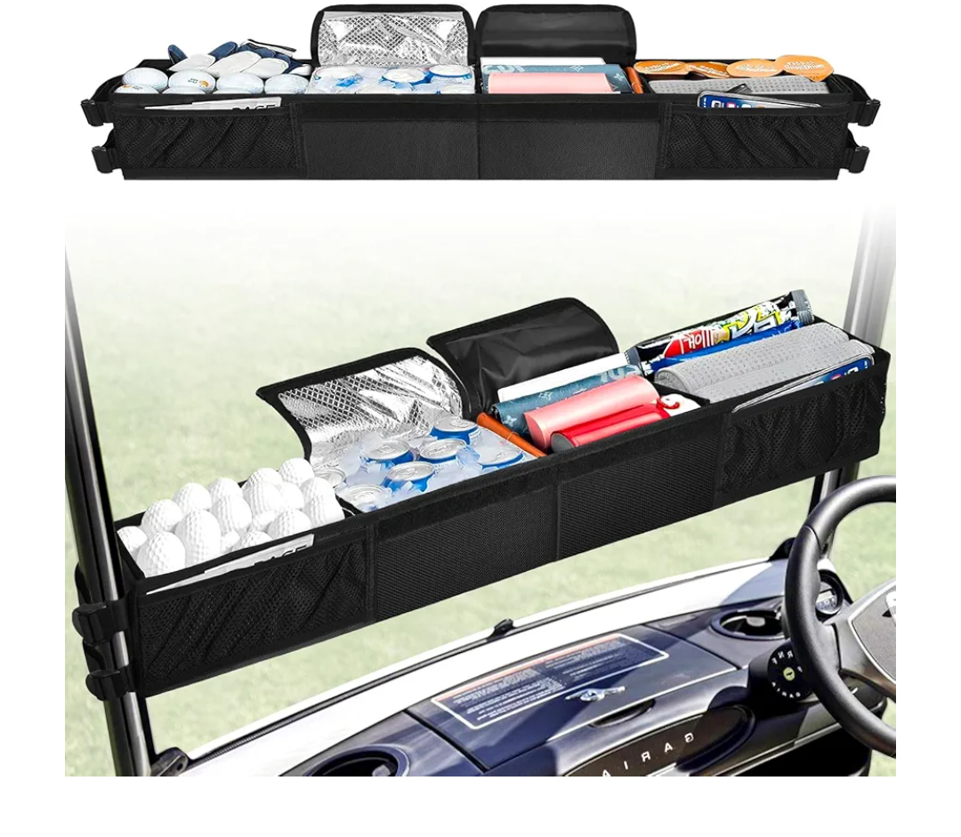 Golf Cart Storage Organizer, Golf Cart Front Storage Basket with Insulated Compartment No-Drilling Golf Cart Basket Compatible with EZGO, Club Car, Kandi Electirc Golf Carts