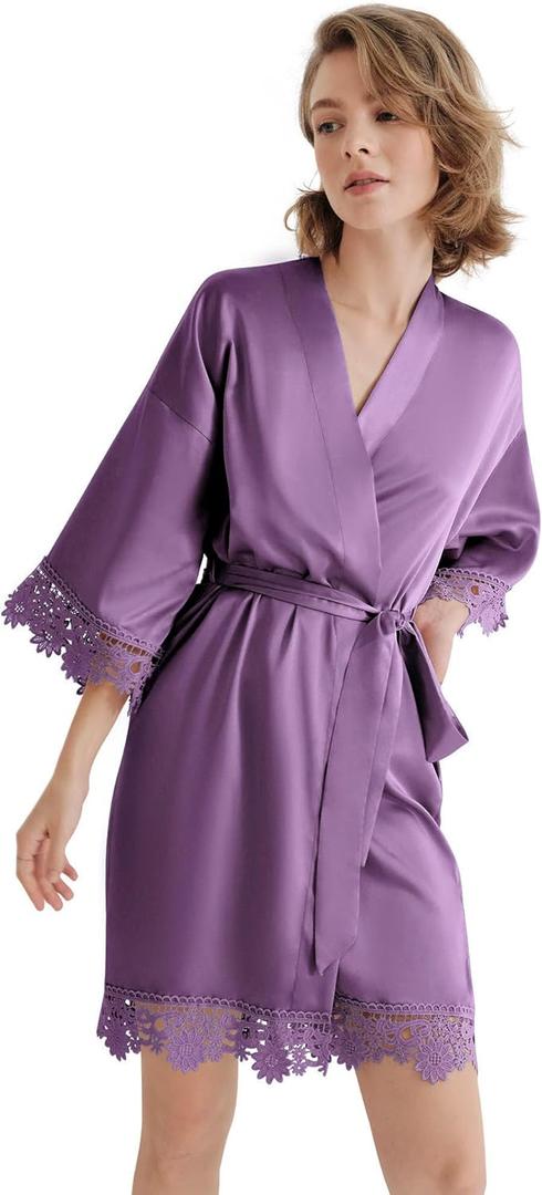 SIORO Women's Satin Robe Lace Silk Kimono Robes Short for Bridesmaid Wedding Party Nightgown Print2 Medium (Purple Haze)