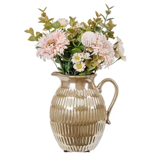 MyGift Vintage Style Small Jug Flower Vase with Rustic Brass Glazed Finish, Vertical Ribbed Ceramic Tabletop Decorative Pitcher Home Decor Floral Arrangement Planter Vase