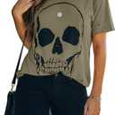 Veatzaer Womens Short Sleeve Crewneck Skull Print Distressed T Shirt Casual Loose Tee Summer Tops Green S