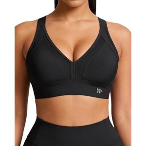 Yvette Sports Bras for Women High Impact Support, Sleek V-Neck with Adjustable Criss Cross Straps for Running&Workout (Black, L)