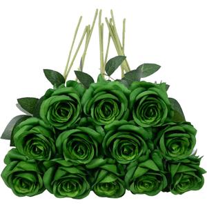 12pcs Rose Artificial Flowers, Fake Rose Silk Flower Bouquet, Faux Roses with Stems - 50cm, Roses Decor for Wedding & Home Decoration (Dark Green)