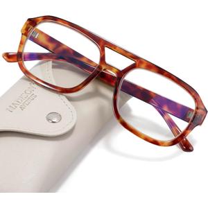 Madison Avenue Retro Aviator Blue Light Blocking Glasses for Women Men with Case, Trendy Rectangle Computer Eyeglasses (Orange Demi)