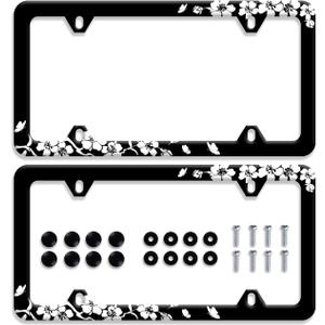 2Pcs Black White Cherry Blossoms License Plate Frame Floral Flowers License Plate Stainless Steel Parts Colorful License Plate Decorative with Screws Size 12.3" x 6.3" Men Women