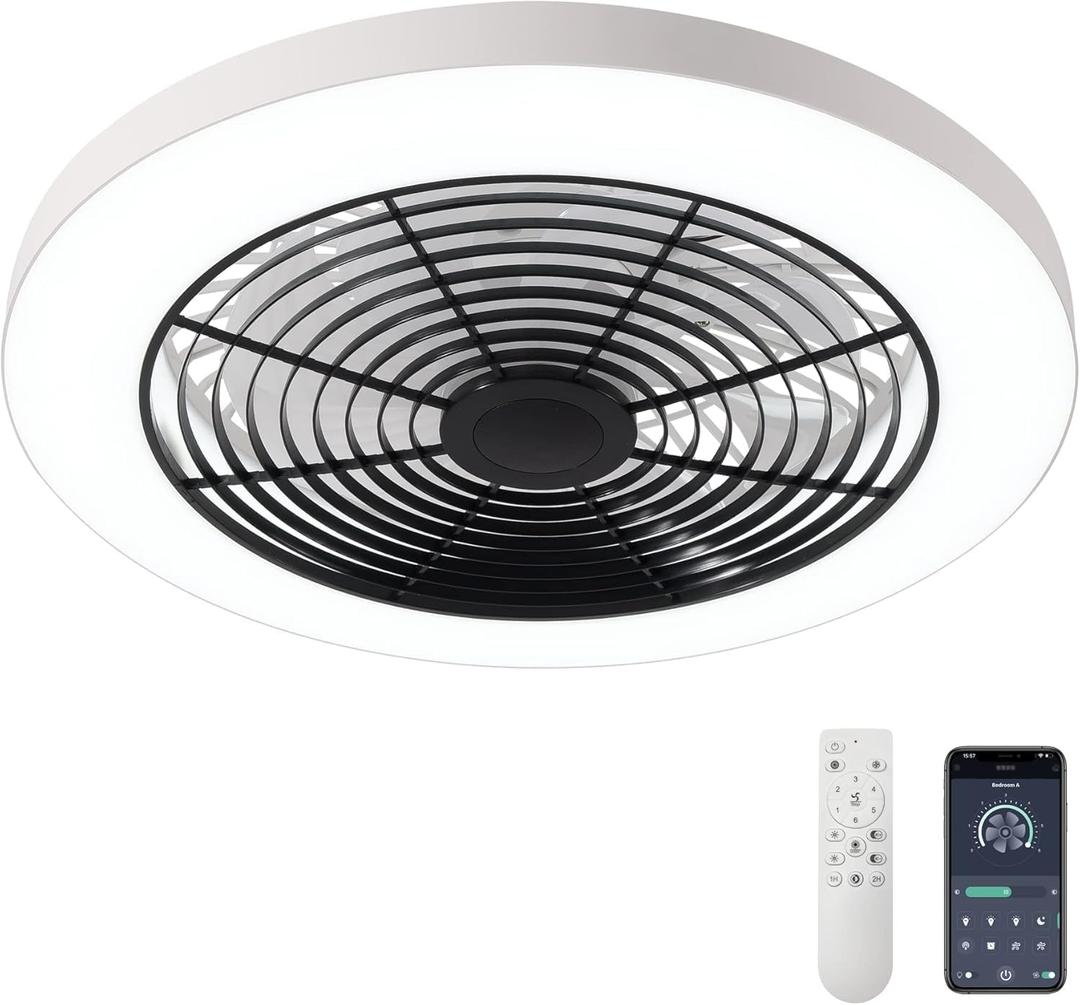 Orison Ceiling Fans with Lights, Low Profile Ceiling Fan with Lights and Remote, 6 Wind Speeds Smart Flush Mount Ceiling Fan for Bedroom, Kids Room and Living Room 19.7" (Black) (Black (Standard))