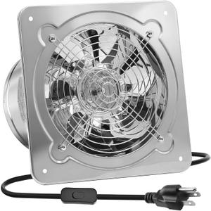 8 Inch Metal Exhaust Fan for Kitchen, 500 CFM, Stainless Steel Attic Exhaust Fan with Switch and Damper, Wall Mount, Plug-in Fume Extractor for Workshop, Garage & Basement, Silver