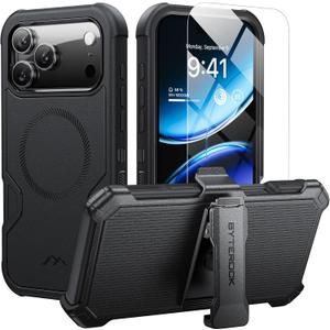 for iPhone 17 Pro Max Case 6.9" with Belt Clip Holster,Anti-Drop,Shockproof,Heavy Duty Protection,Compatible with MagSafe,w/Screen Protector,with 360Rotating KickstandBlack