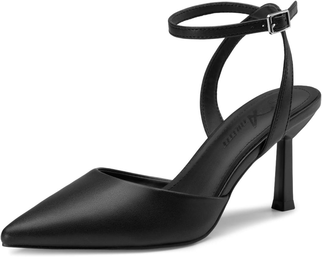 Athlefit Women's Closed Pointed Toe 3 Inch High Heels Ankle Strap Stiletto Heel Wedding Party Dress Pumps Shoes 6.5, Black Pu