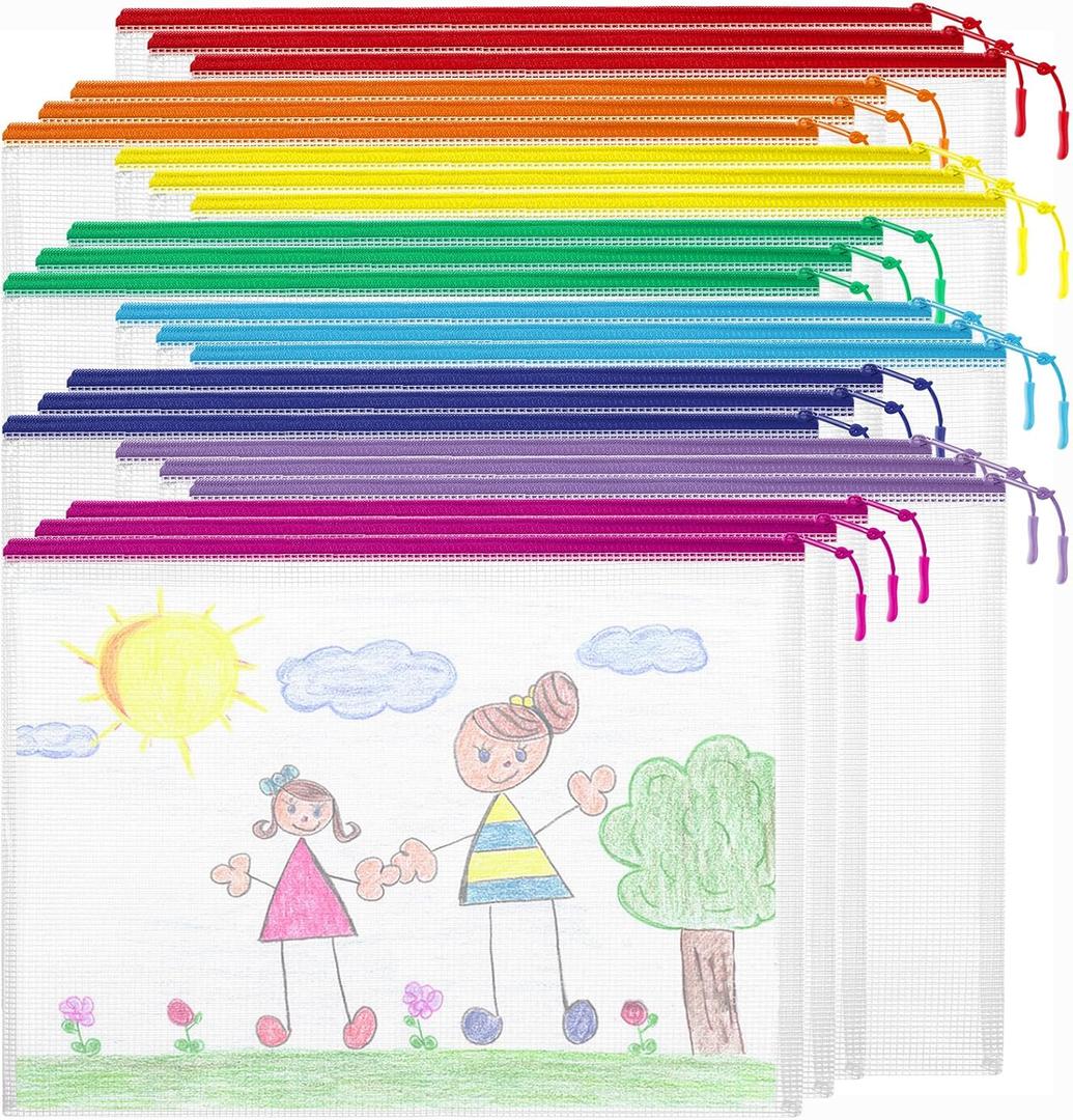 24pcs Mesh Zipper Pouch Bags Puzzle Storage Bags, A4 13x9 Inches Large Reusable Zipper Pouches for Classroom Organizing Board Game Home Organization (8 Colors)