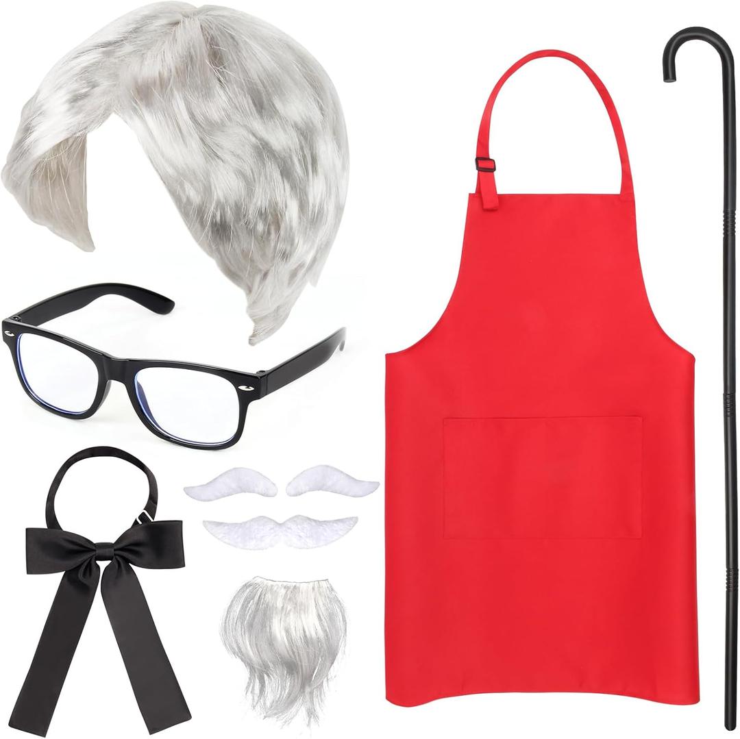 Kyson 9 Pcs Halloween Chef Costume Kit-Wig,Fake Moustache,Eyebrows,Eyeglasses,Bowtie,Red Apron,Cane-Fancy Costume Dress Up