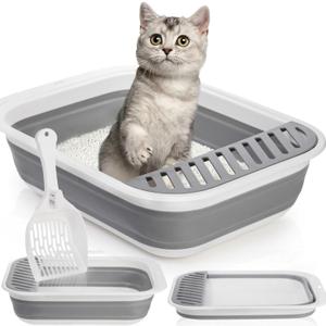 Tlence Collapsible Small Cat Litter Box, 17.7'' Open Foldable Kittens Potty with Scoop, Shallow Anti Splash Travel Cat Toilet, Semi Enclosed Height Adjustable Sides Litter Pan for Sick Frail Cat Grey