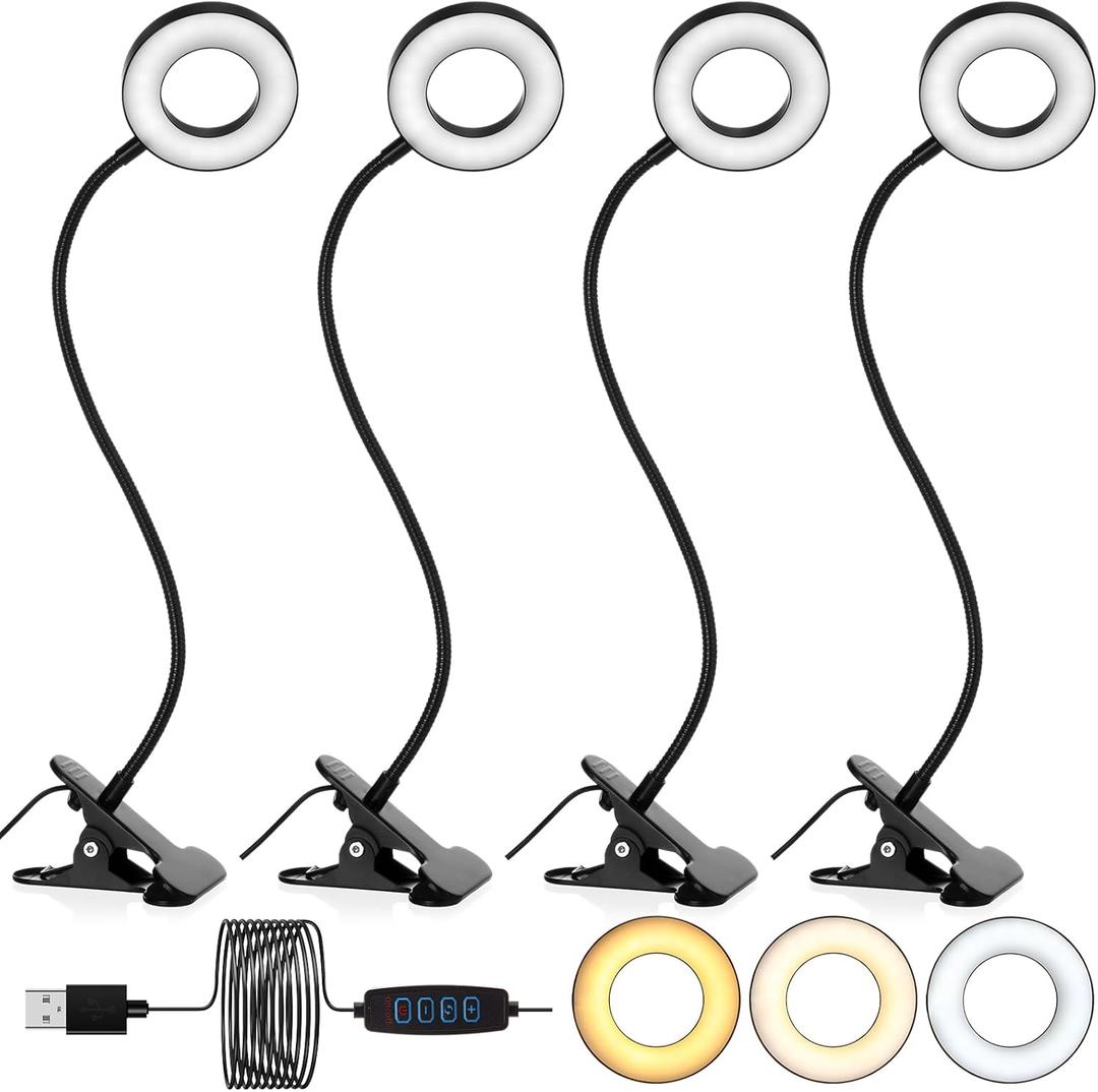 4 Pcs Clip on Light 48 LEDs USB Ring Light with 3 Color Modes and 10 Brightness Dimmable, Eye Protection, 360 Flexible Neck for Desk, Headboard, Reading