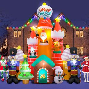 9.8 FT Christmas Inflatable Candy Castle, Blow Up Decorations with Soldier Santa Reindeer Penguin Snowman Christmas Tree, Built-in Colorful LED, Christmas Outdoor Decor for Yard Garden Party