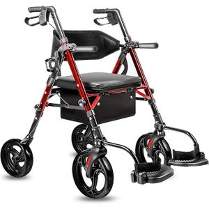 2-in-1 Rollator Walker with Seat for Seniors, 300 lbs Capacity, All-Terrain Tires, Large Basket & Cup Holder, Lightweight Foldable Wheelchair Combo for Adults (Height Adjustable 33.5"-40")