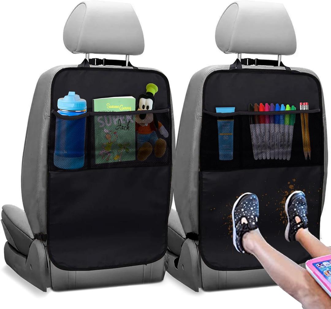EcoNour 2 Pack Back Seat Protector for Kids Feet | Premium Waterproof Kick Mats with 2 Pocket Organizer | Backseat Cover for Vehicles to Protect from Dirt, Mud & Scratches | Travel Accessories (Black 22 Inch)