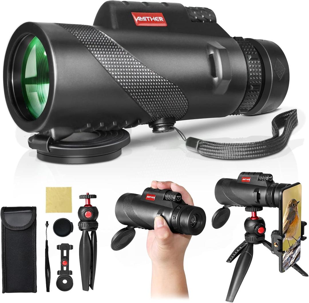 80x100 Monocular Telescope for Smartphones - High Powered HD Monocular with Tripod & Adapter, Low Light Vision for Adults - for Wildlife, Bird Watching, Hunting, Hiking