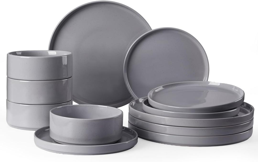 Famiware Nebula Plates and Bowls Set, 12 Pieces Dinnerware Sets, Dishes Set for 4, Dark Gray