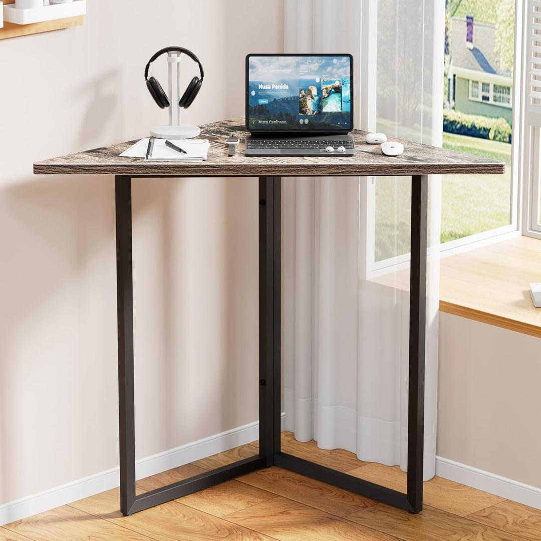 VECELO Corner Desk,Office Tables for Living Room for Small Space Triangle Computer Desk with Steel Frame Corner Shelves with Metal Frame Writing Desk for Workstation Classic Grey 31.1"