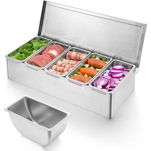 Pizza Topping Station, Condiment Station, Stainless Steel Pizza Topping Station with 5 Removable Containers for Salad Bar and Nacho Bar Topping Station and Grill Table